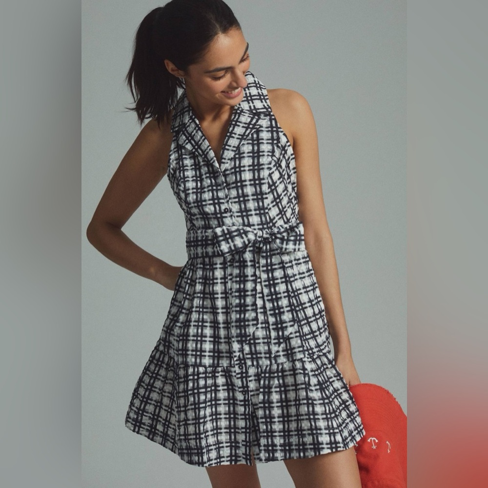 Anthropologie Maeve NWT Plaid Flounce Mini Dress 26 Plus Gingham Black‎ White